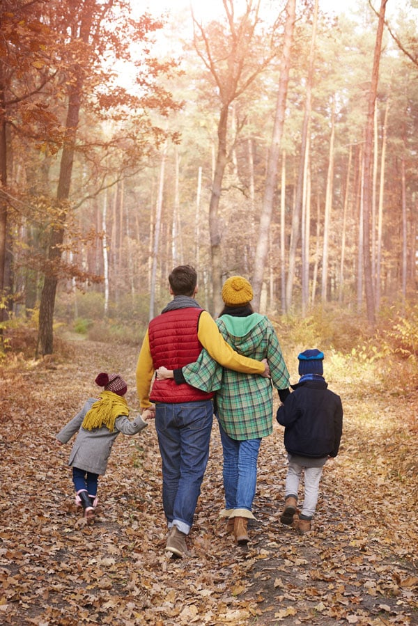 Une famille de quatre personnes marche de dos sur un sentier forestier couvert de feuilles mortes en automne, à proximité des Cabanes d'Isa.